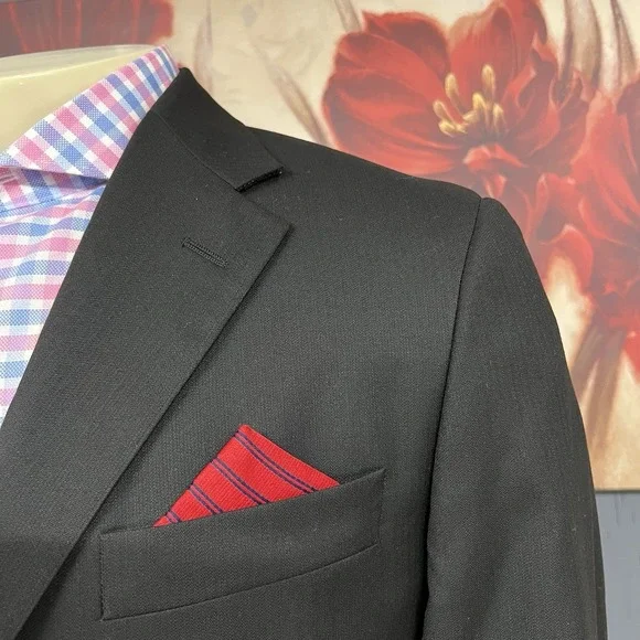 Hickey Freeman Suit Top Jacket Blazer Men 40S Short Wool Micro Herringbone Black